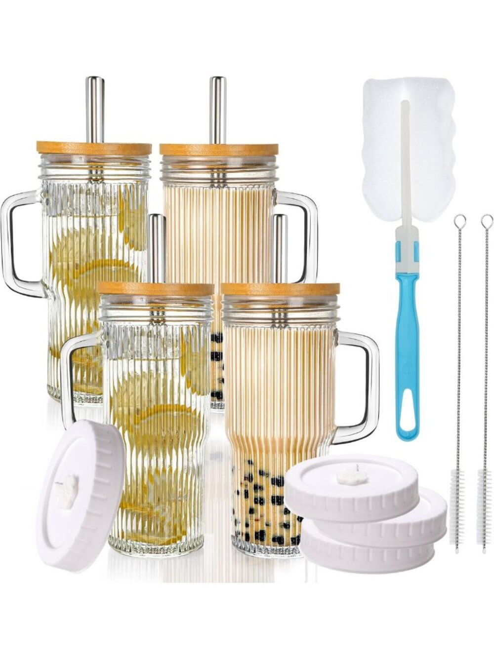 24oz Ribbed Glass Tumblers with Lids & Straws - Reusable Cups for Iced Coffee